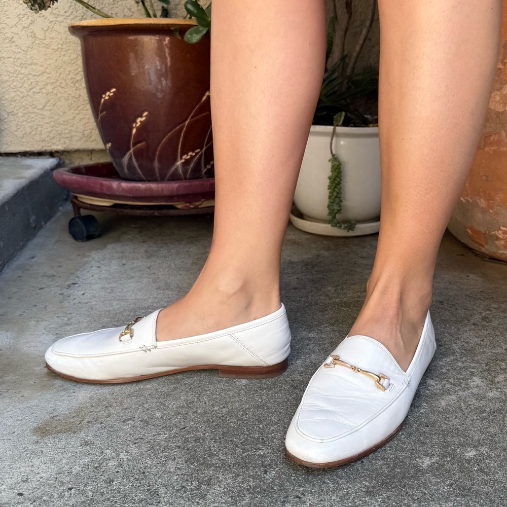 White and Gold Sam Edelman Slip-On Leather Loafers with Metallic Hardware